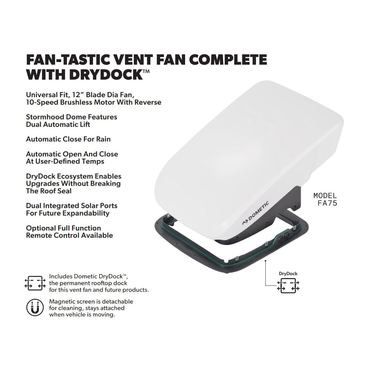 Dometic FA75 Fan-Tastic Vent Roof Fan Complete (Black) (9610007182)