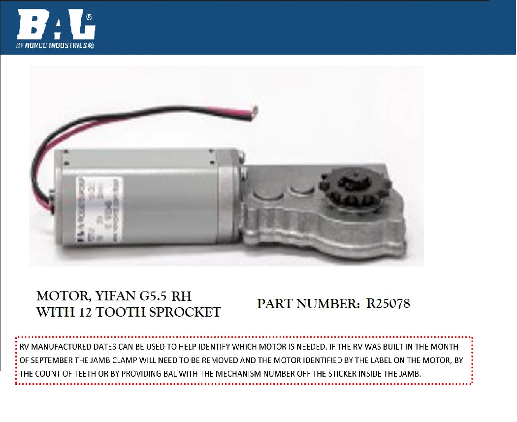 BAL Norco R25078 LH 10 Teeth 10T Motor Kit For Some EXACT-Slide Slide-Out Systems 10800097 21900004
