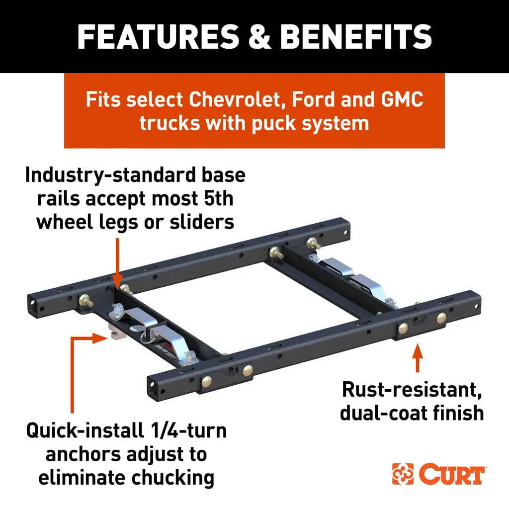 CURT Puck System 5th Wheel Adapter with Rails | 16027 | Chevy/GMC/Ford HD | 25K