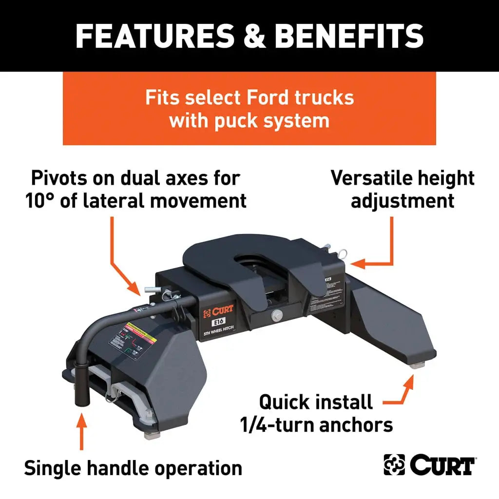 CURT E16 5th Wheel Hitch | 16031 | Ford F-250/F-350/F-450 SD 8' Bed Puck System | 16K