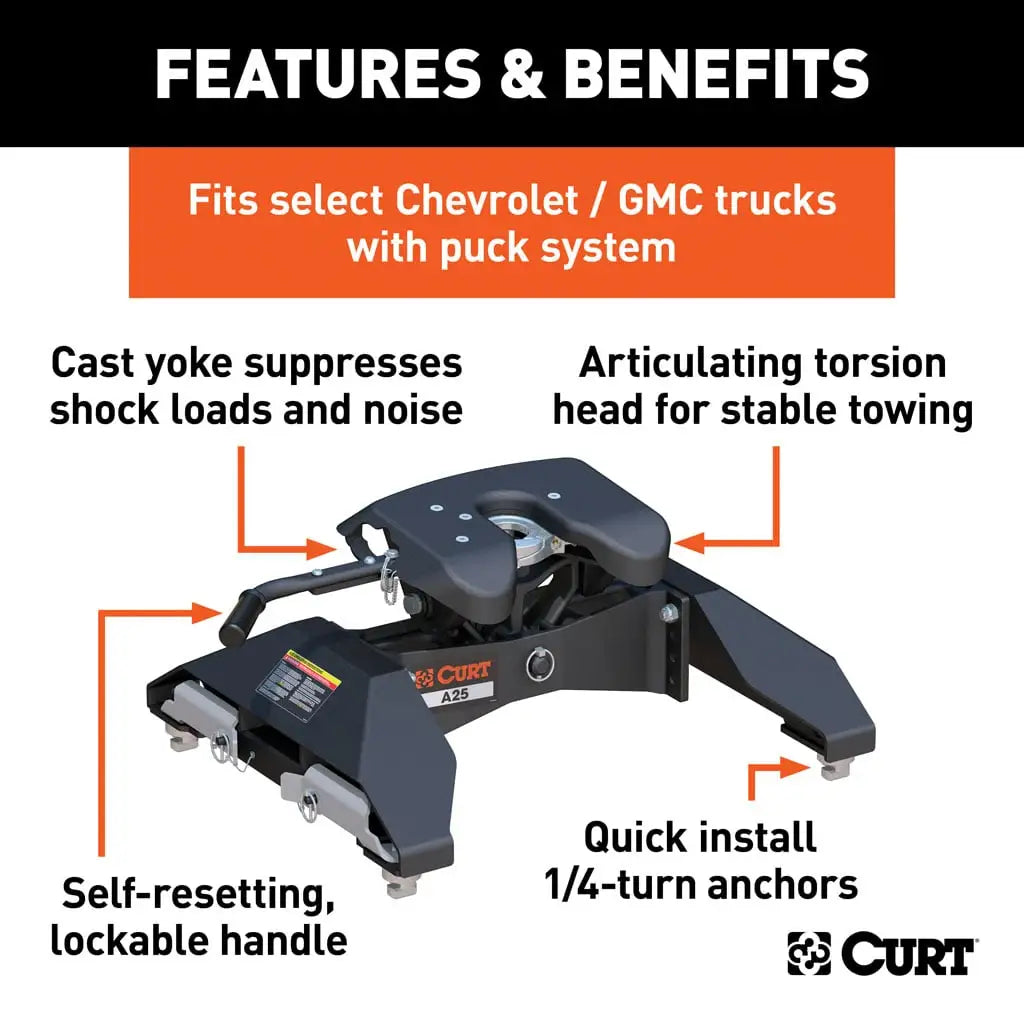 CURT A25 5th Wheel Hitch | 16066 | Silverado/Sierra 2500/3500 HD 8' Bed Puck System | 25K