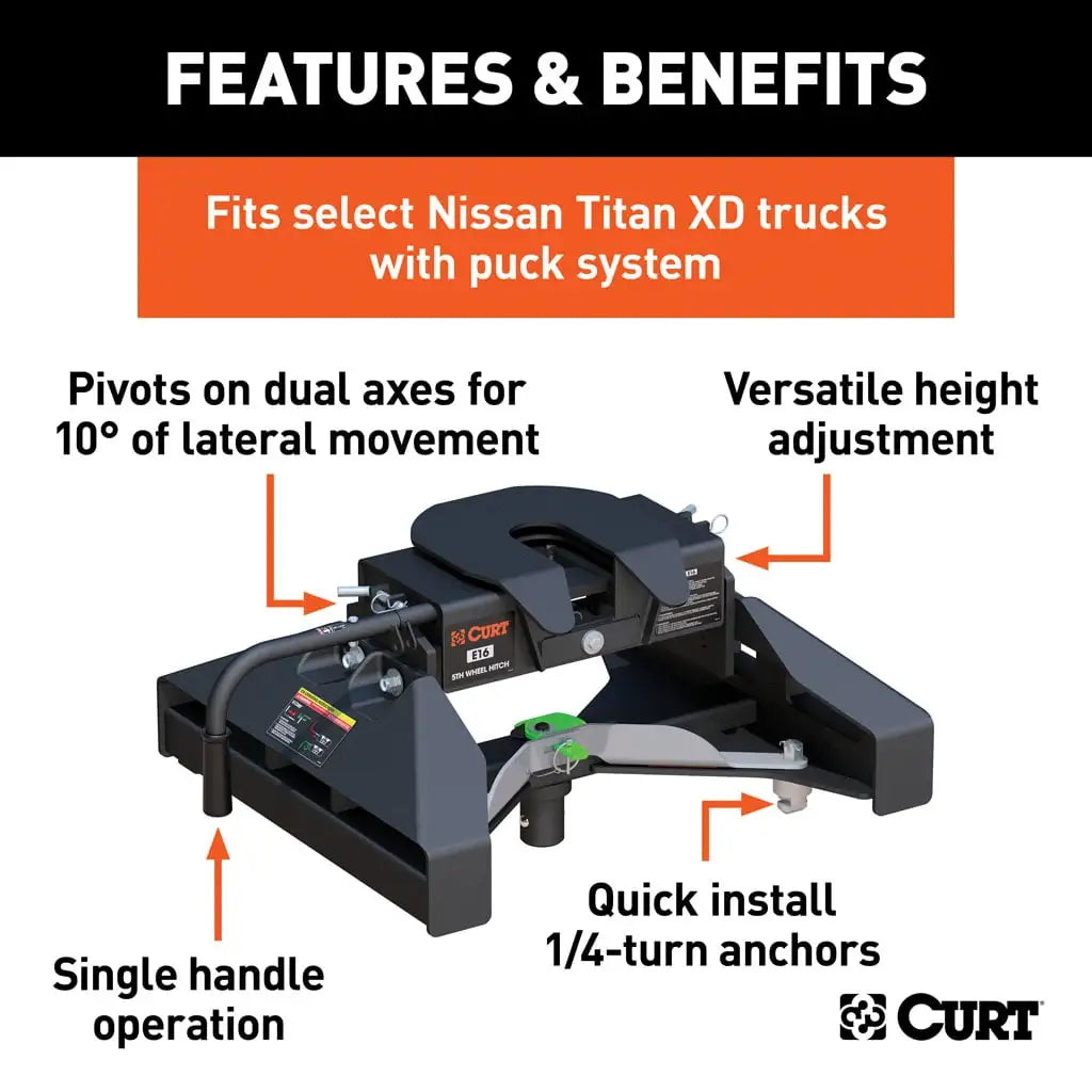 CURT E16 5th Wheel Hitch | 16071 | Nissan Titan XD 8' Bed Puck System | 16K