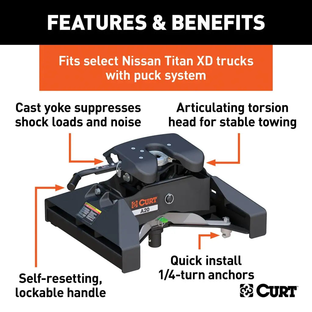 CURT A20 5th Wheel Hitch | 16074 | Nissan Titan XD 8' Bed Puck System | 20K