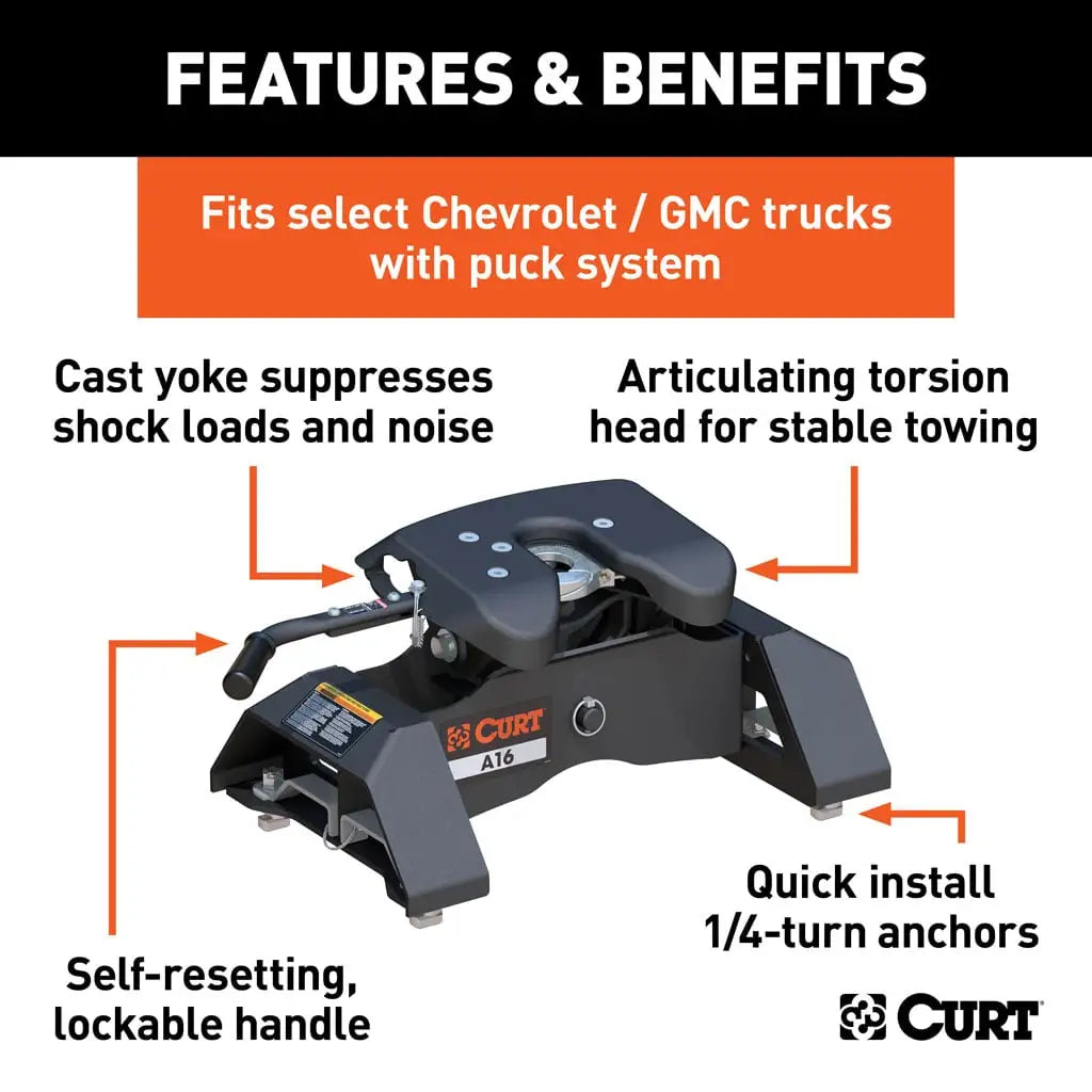 CURT A16 5th Wheel Hitch | 16091 | Silverado/Sierra 2500/3500 HD 8' Bed Puck System | 16K