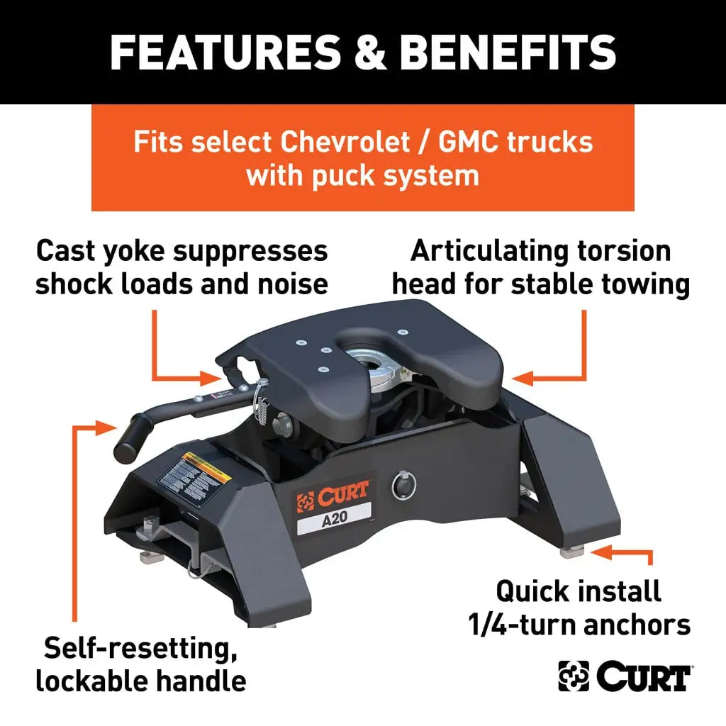 CURT A20 5th Wheel Hitch | 16092 | Silverado/Sierra 2500/3500 HD 8' Bed Puck System | 20K