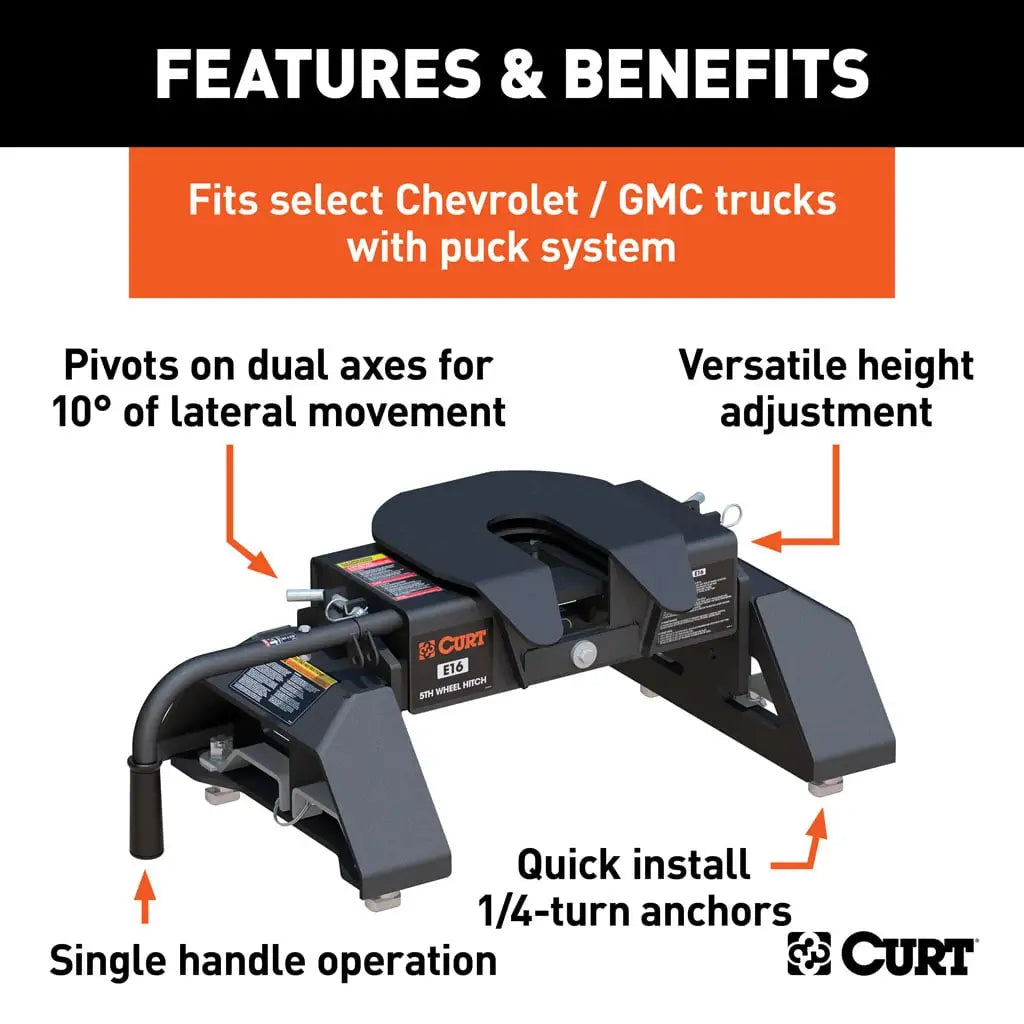 CURT E16 5th Wheel Hitch | 16097 | Silverado/Sierra 2500/3500 HD 8' Bed Puck System | 16K