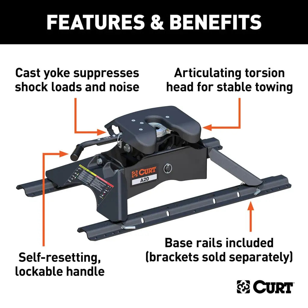 CURT A20 5th Wheel Hitch | 16141 | 20K | Includes Rails