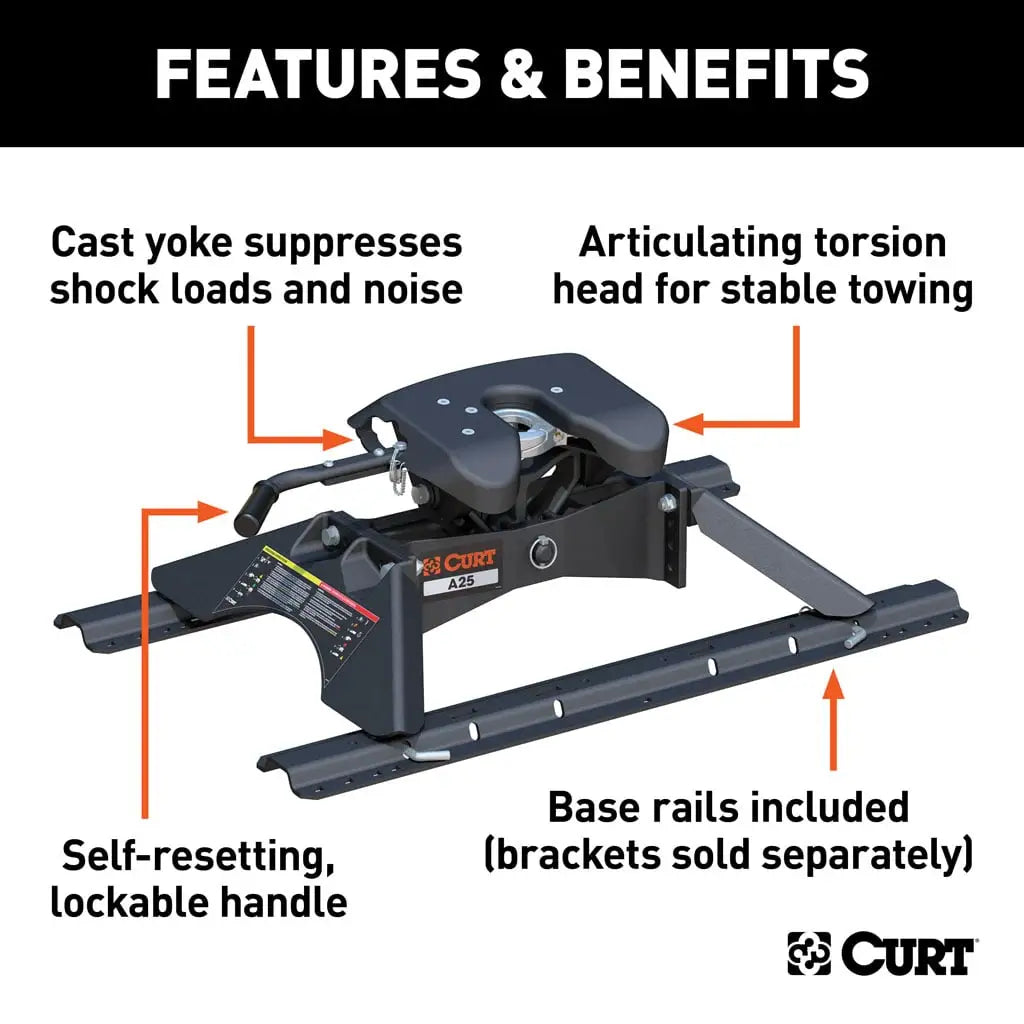 CURT A25 5th Wheel Hitch | 16181 | 25K | Includes Rails