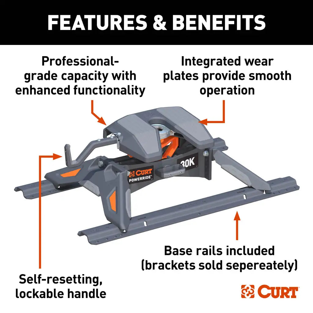 CURT PowerRide 30K 5th Wheel Hitch | 16321 | 30K / 7.5K Vertical | Includes Rails