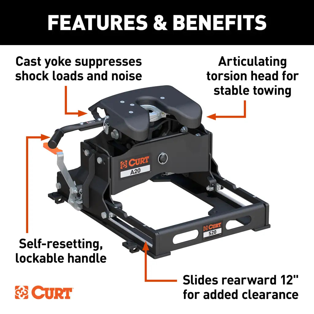 CURT A20 Sliding 5th Wheel Hitch | 16531 | 20K | Industry-Standard Rails Mount