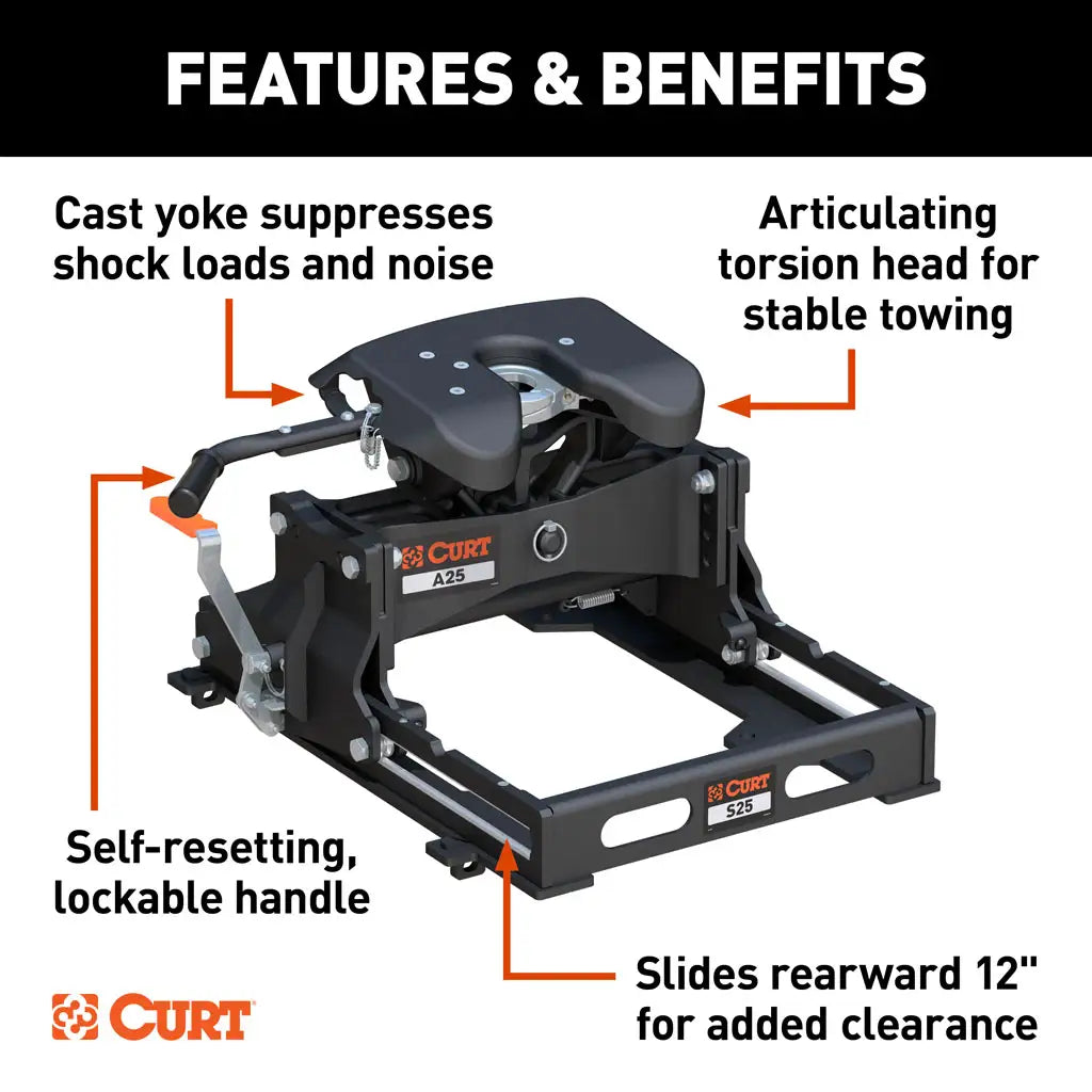 CURT A25 Sliding 5th Wheel Hitch | 16551 | 25K | Industry-Standard Rails Mount