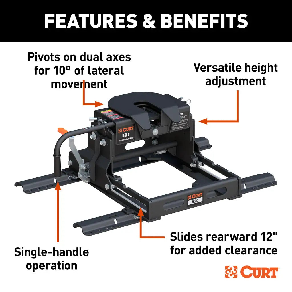 CURT E16 Sliding 5th Wheel Hitch | 16611 | 16K | Includes Rails