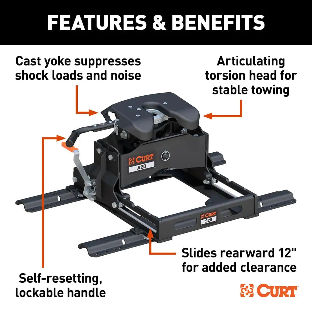 CURT A20 Sliding 5th Wheel Hitch | 16631 | 20K | Includes Rails