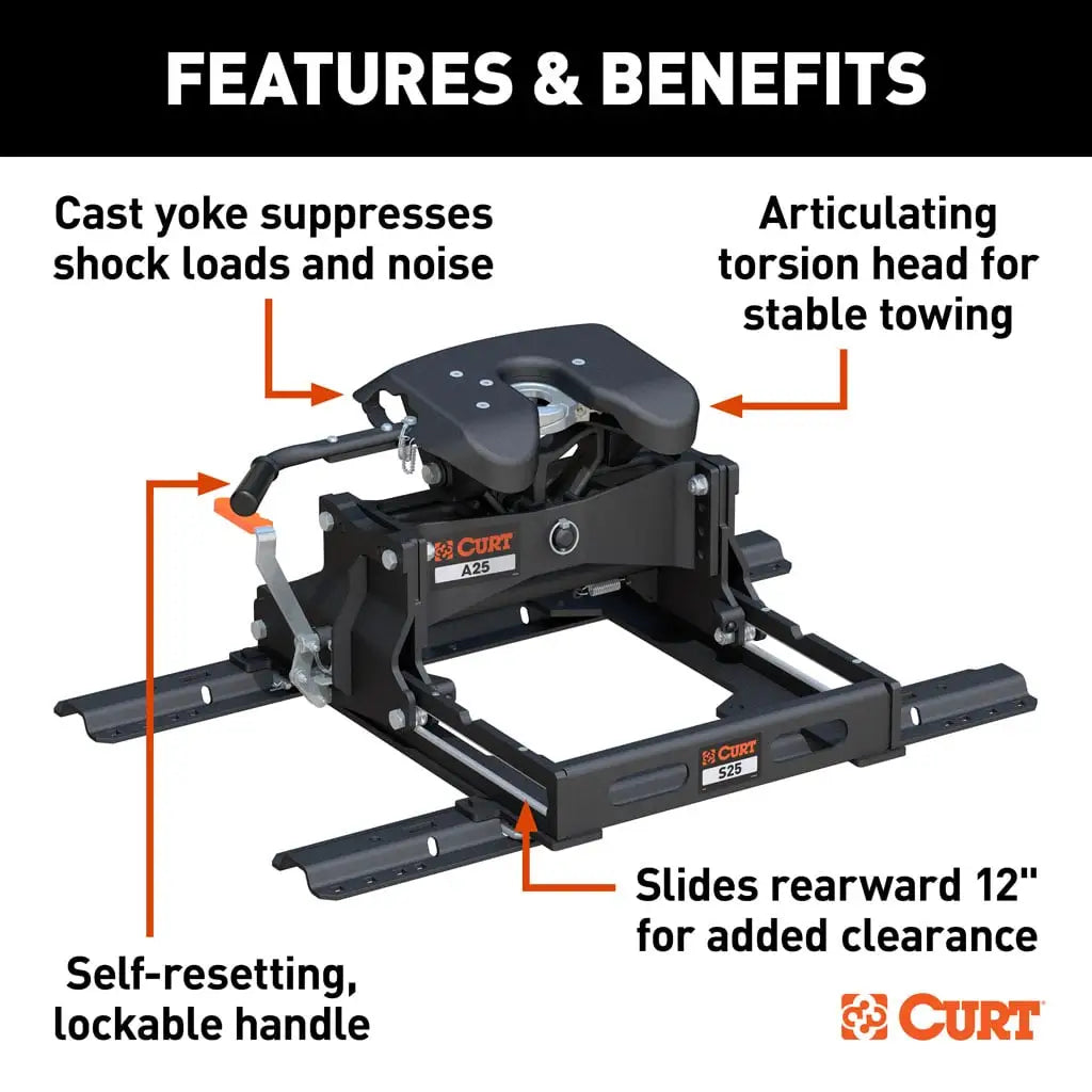 CURT A25 Sliding 5th Wheel Hitch | 16651 | 25K | Includes Rails