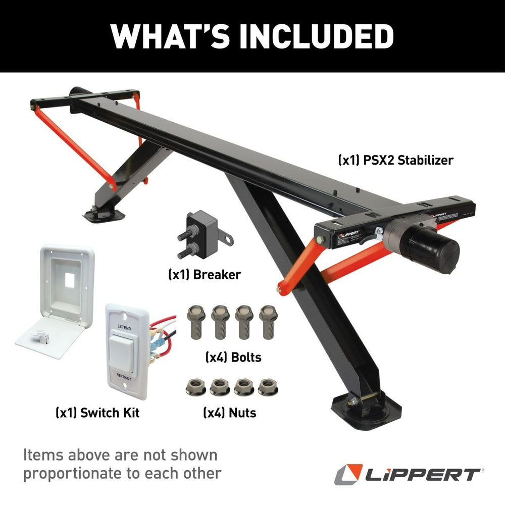 Lippert PSX1 Power RV Stabilizer | 2025012487 | White + Hatch Box