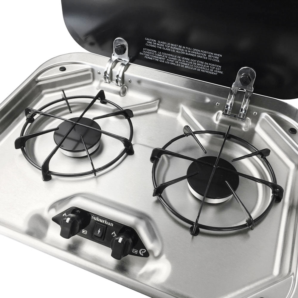 Suburban 2-Burner RV Propane Cooktop | 3334AST | Glass Lid