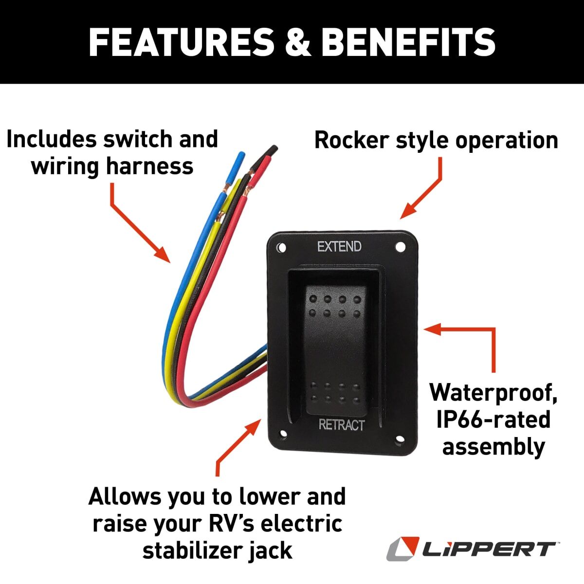 Lippert 387874 Power Stabilizer Extend/Retract Switch | IP66 Rocker