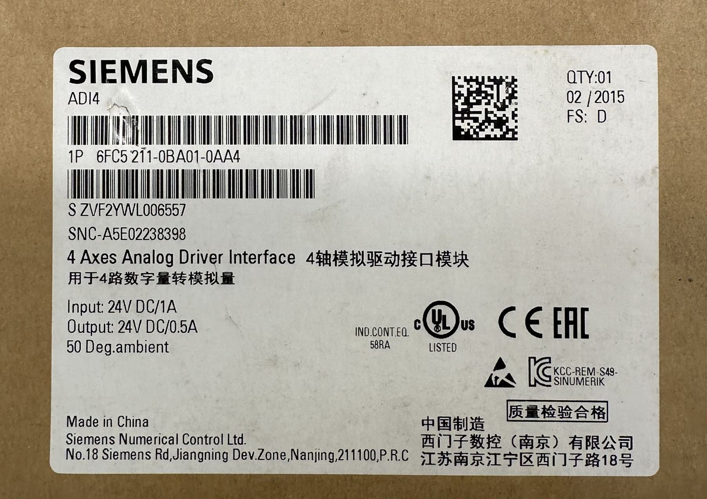 Siemens 6fc5211-0ba01-0aa4 4 Axes Analog Driver Interface 24V NEW