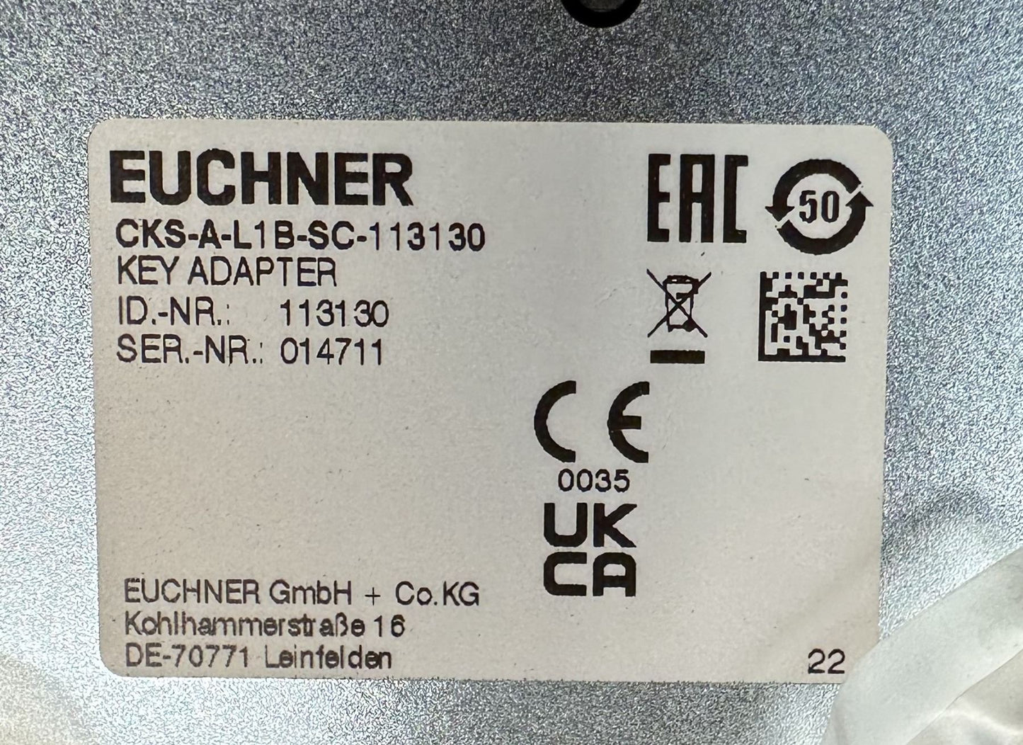 Euchner #CKS-A-L1B-SC-113130 Key Adapter NEW NOB