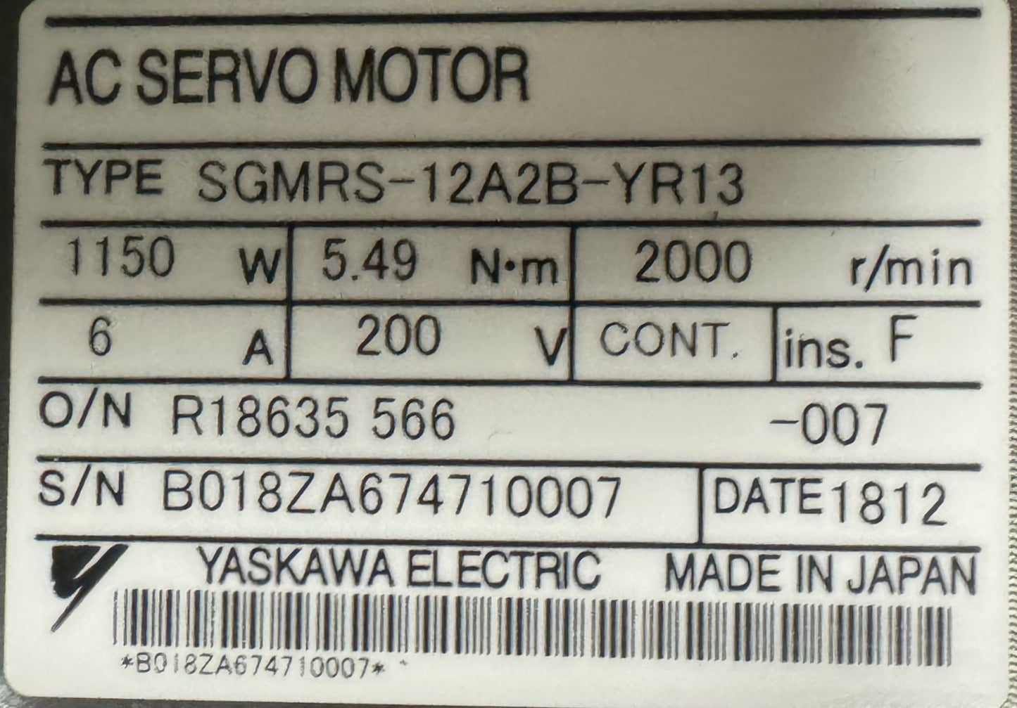 Yaskawa #SGMRS-12A2B-YR13 AC Servo Motor