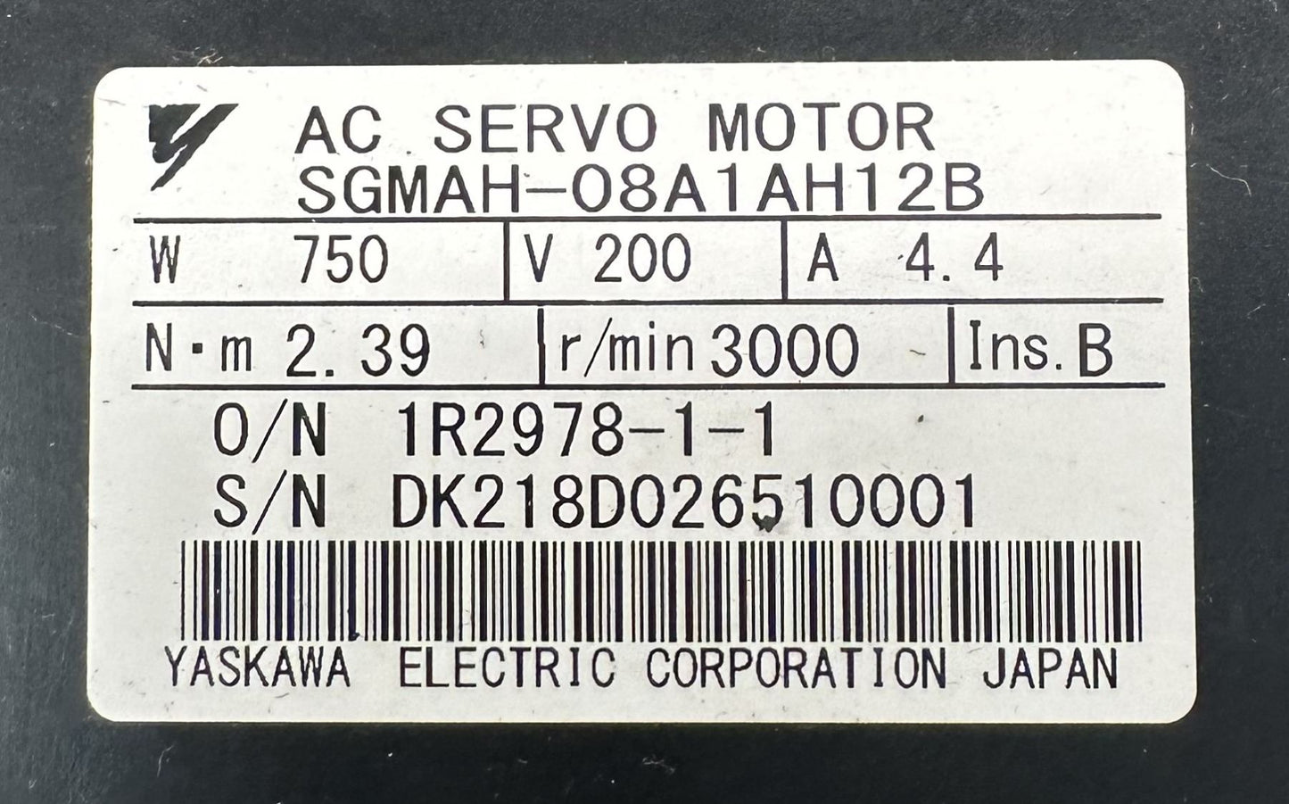 Yaskawa #SGMAH-08A1AH12B AC Servo Motor 750W 3000RPM