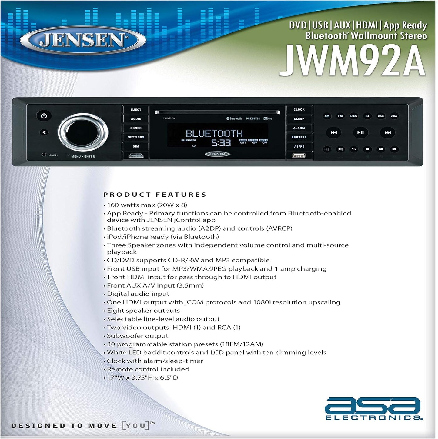 Jensen JWM92A 3-Speaker Zones Slimline Theater-Style DVD|USB|AUX|HDMI|App Ready Bluetooth Wallmount Stereo, Speaker Output 20X 8 Watt, Plays: CD/CD-R/CD-RW/DVD/DVD+R/DVD+RW/DVD-R/DVD-RW/MP3/WMA/JPEG