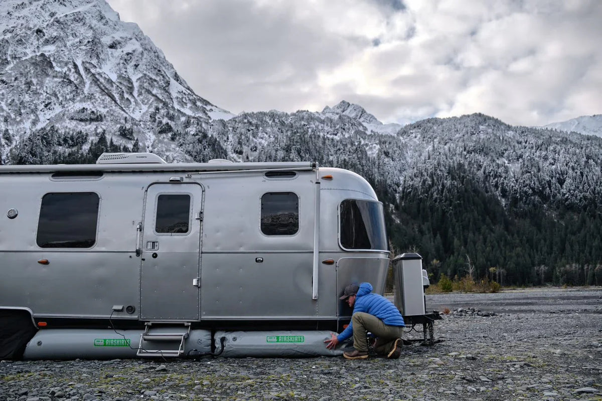 AIRSKIRTS inflatable RV skirting kit installed on travel trailer