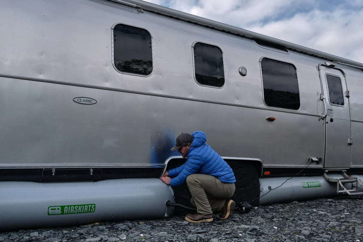 AIRSKIRTS inflatable RV skirting kit installed on travel trailer