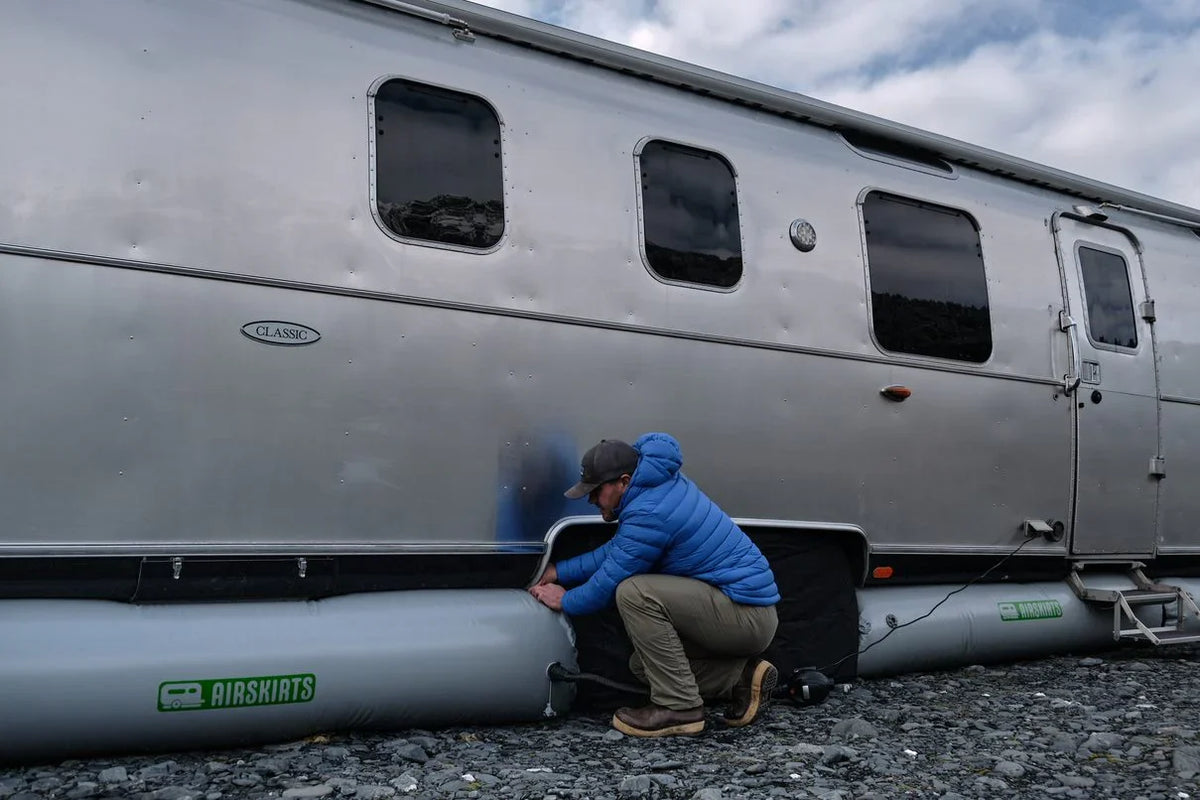 AIRSKIRTS inflatable RV skirting kit installed on travel trailer