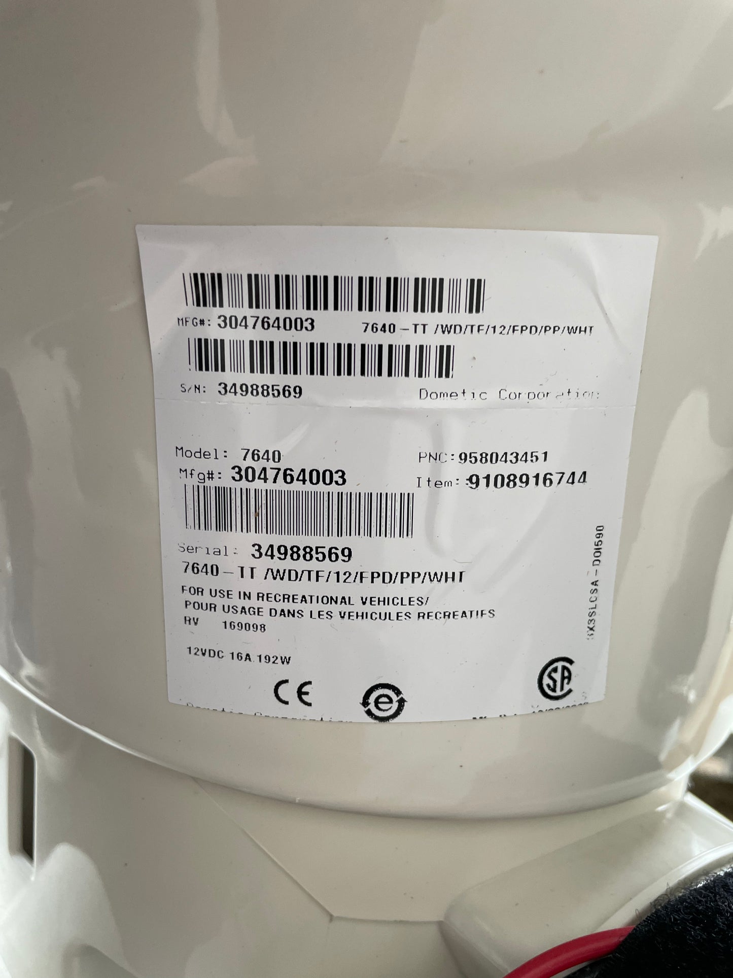 Dometic 7640 Master Flush Ceramic Toilet, White 304764001