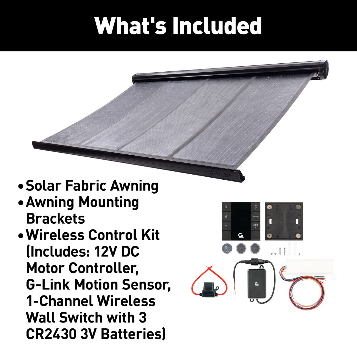 Girard GG 750 Solar Fabric RV Awning | Black | Right-Hand Motor