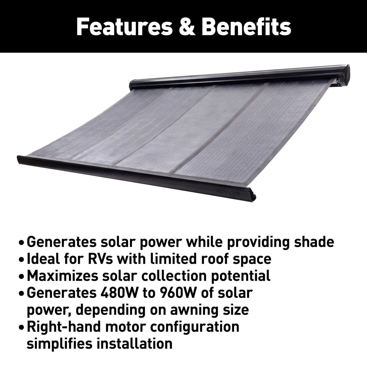 Girard GG 750 Solar Fabric RV Awning | Black | Right-Hand Motor