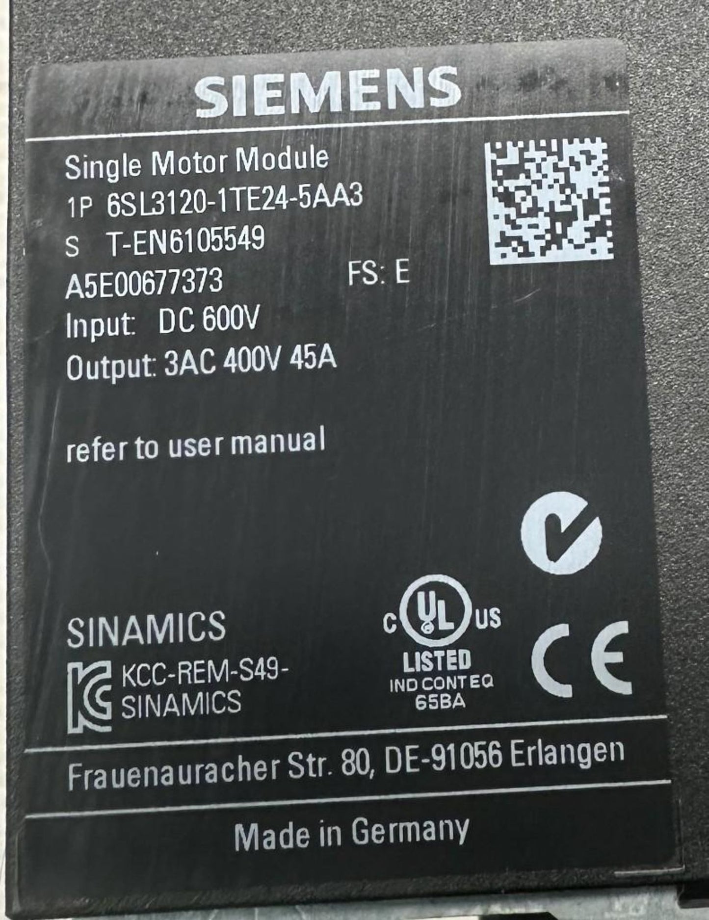 Siemens 6SL3120-1TE24-5AA3 Single Motor Module Servo Drive 45A