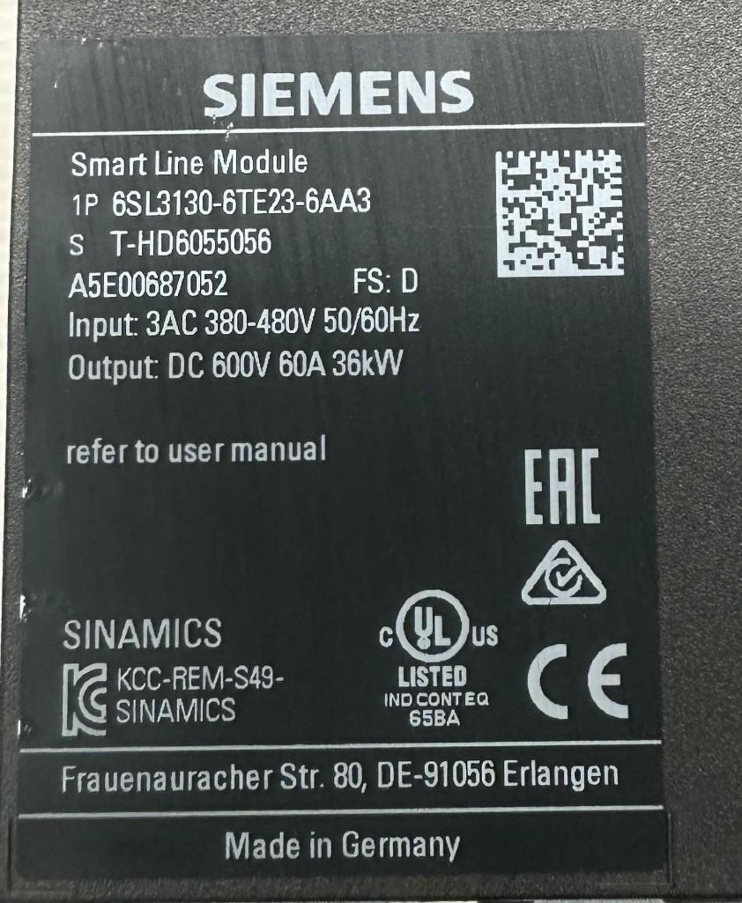 Siemens Smart Line Module 6SL3130-6TE23-6AA3 6SL3 SINAMICS 600VDC 60A 36kW