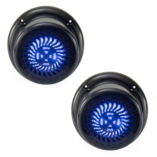 RV Marine Exterior Speaker 5.25" Black Wavy Blue Lighted LED Waterproof Flush Mount Pair Step Light