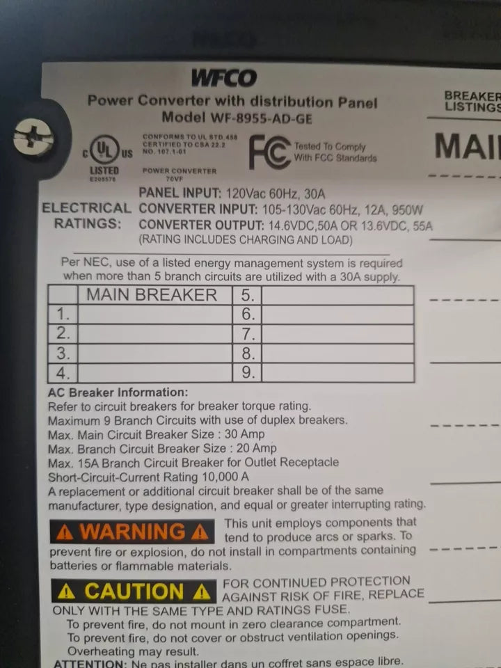 WF-8955-AD-GE Converter/Charger with Distribution Center for 30 Amp AC Service